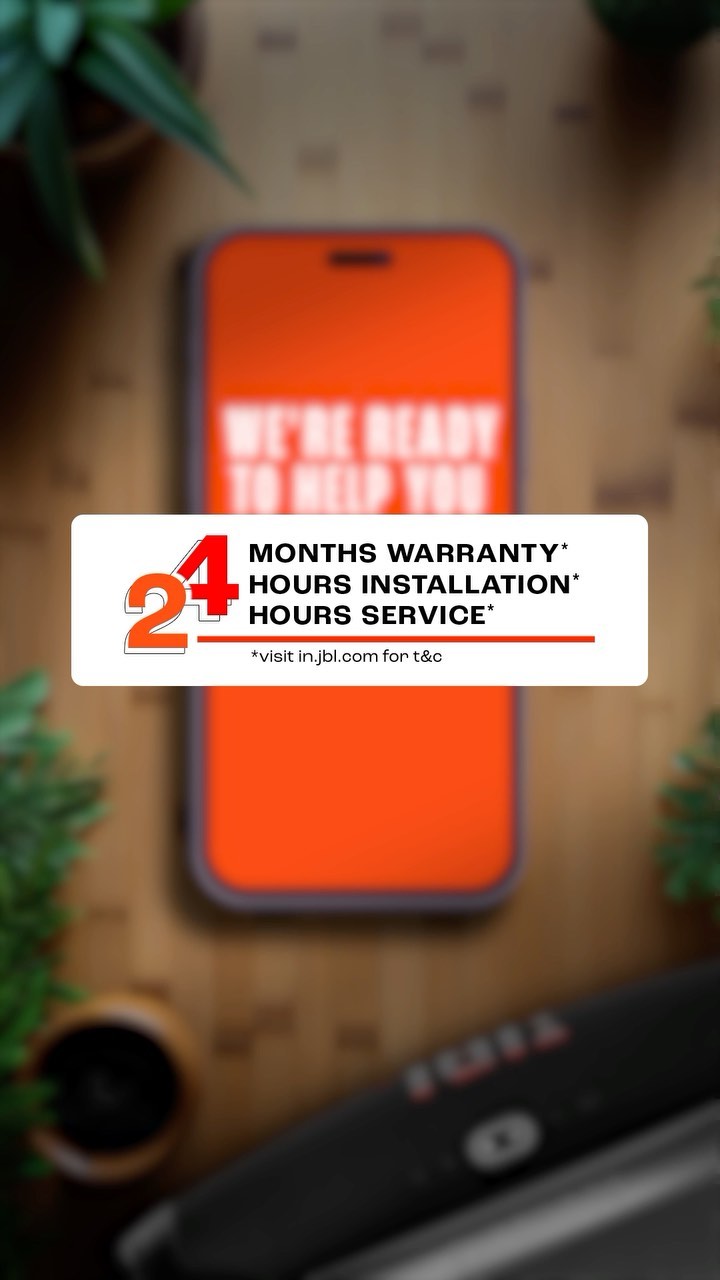 Audio that comes with the side of a Promise, #JBLPromiseOf24 - 1. Enjoy solid 24-month warranty.* 2. Support within 24 h...